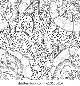 Tracery seamless pattern. Mehndi design. Ethnic monochrome binary doodle texture. Curved doodling black and white background. Vector