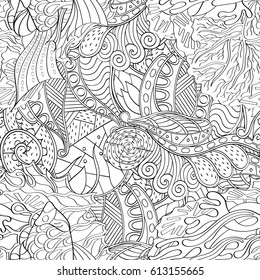 Tracery seamless pattern. Mehndi design. Ethnic monochrome binary doodle texture. Curved doodling black and white background. Vector