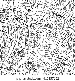 Tracery seamless pattern. Mehndi design. Ethnic monochrome binary doodle texture. Curved doodling black and white background. Vector