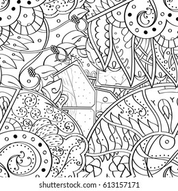 Tracery seamless pattern. Mehndi design. Ethnic monochrome binary doodle texture. Curved doodling black and white background. Vector