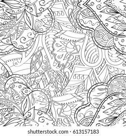 Tracery seamless pattern. Mehndi design. Ethnic monochrome binary doodle texture. Curved doodling black and white background. Vector