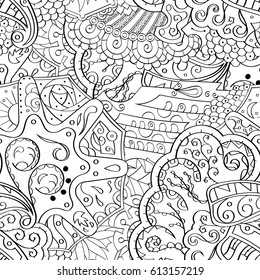 Tracery seamless pattern. Mehndi design. Ethnic monochrome binary doodle texture. Curved doodling black and white background. Vector