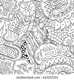 Tracery seamless pattern. Mehndi design. Ethnic monochrome binary doodle texture. Curved doodling black and white background. Vector