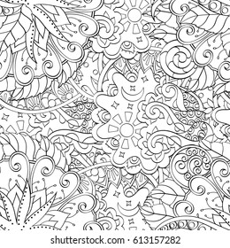 Tracery seamless pattern. Mehndi design. Ethnic monochrome binary doodle texture. Curved doodling black and white background. Vector