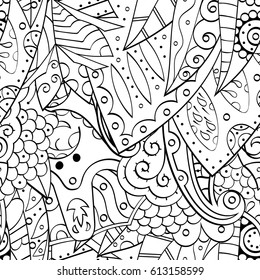 Tracery seamless pattern. Mehndi design. Ethnic monochrome binary doodle texture. Curved doodling black and white background. Vector