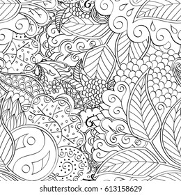 Tracery seamless pattern. Mehndi design. Ethnic monochrome binary doodle texture. Curved doodling black and white background. Vector
