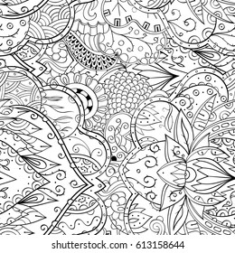 Tracery seamless pattern. Mehndi design. Ethnic monochrome binary doodle texture. Curved doodling black and white background. Vector