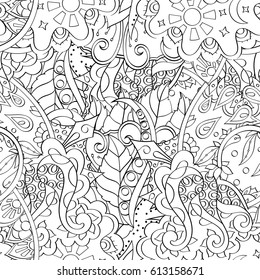 Tracery seamless pattern. Mehndi design. Ethnic monochrome binary doodle texture. Curved doodling black and white background. Vector