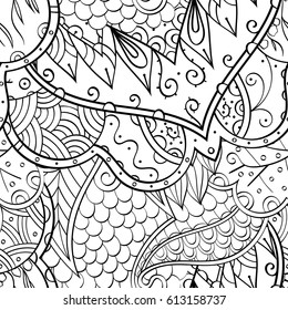Tracery seamless pattern. Mehndi design. Ethnic monochrome binary doodle texture. Curved doodling black and white background. Vector