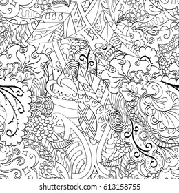 Tracery seamless pattern. Mehndi design. Ethnic monochrome binary doodle texture. Curved doodling black and white background. Vector