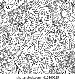 Tracery seamless pattern. Mehndi design. Ethnic monochrome binary doodle texture. Curved doodling black and white background. Vector