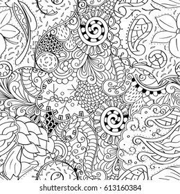 Tracery seamless pattern. Mehndi design. Ethnic monochrome binary doodle texture. Curved doodling black and white background. Vector