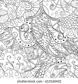 Tracery seamless pattern. Mehndi design. Ethnic monochrome binary doodle texture. Curved doodling black and white background. Vector