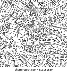 Tracery seamless pattern. Mehndi design. Ethnic monochrome binary doodle texture. Curved doodling black and white background. Vector