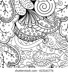 Tracery seamless pattern. Mehndi design. Ethnic monochrome binary doodle texture. Curved doodling black and white background. Vector