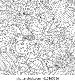 Tracery seamless pattern. Mehndi design. Ethnic monochrome binary doodle texture. Curved doodling black and white background. Vector