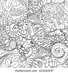 Tracery seamless pattern. Mehndi design. Ethnic monochrome binary doodle texture. Curved doodling black and white background. Vector