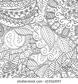 Tracery seamless pattern. Mehndi design. Ethnic monochrome binary doodle texture. Curved doodling black and white background. Vector