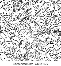 Tracery seamless pattern. Mehndi design. Ethnic monochrome binary doodle texture. Curved doodling black and white background. Vector