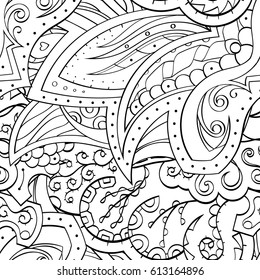 Tracery seamless pattern. Mehndi design. Ethnic monochrome binary doodle texture. Curved doodling black and white background. Vector
