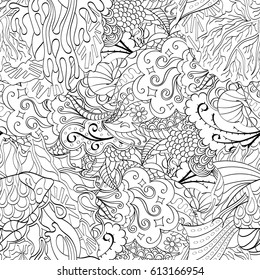 Tracery seamless pattern. Mehndi design. Ethnic monochrome binary doodle texture. Curved doodling black and white background. Vector