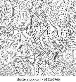 Tracery seamless pattern. Mehndi design. Ethnic monochrome binary doodle texture. Curved doodling black and white background. Vector
