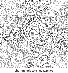 Tracery seamless pattern. Mehndi design. Ethnic monochrome binary doodle texture. Curved doodling black and white background. Vector