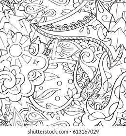 Tracery seamless pattern. Mehndi design. Ethnic monochrome binary doodle texture. Curved doodling black and white background. Vector