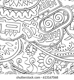 Tracery seamless pattern. Mehndi design. Ethnic monochrome binary doodle texture. Curved doodling black and white background. Vector