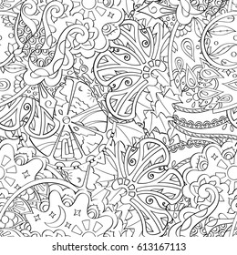 Tracery seamless pattern. Mehndi design. Ethnic monochrome binary doodle texture. Curved doodling black and white background. Vector