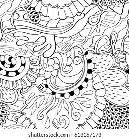 Tracery seamless pattern. Mehndi design. Ethnic monochrome binary doodle texture. Curved doodling black and white background. Vector