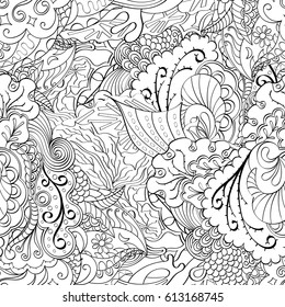 Tracery seamless pattern. Mehndi design. Ethnic monochrome binary doodle texture. Curved doodling black and white background. Vector