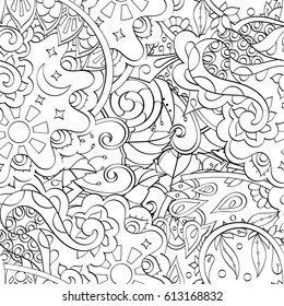 Tracery seamless pattern. Mehndi design. Ethnic monochrome binary doodle texture. Curved doodling black and white background. Vector