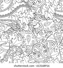 Tracery seamless pattern. Mehndi design. Ethnic monochrome binary doodle texture. Curved doodling black and white background. Vector