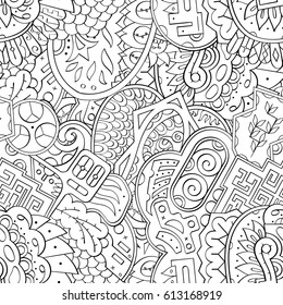 Tracery seamless pattern. Mehndi design. Ethnic monochrome binary doodle texture. Curved doodling black and white background. Vector
