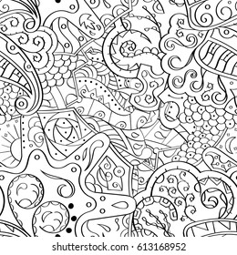Tracery seamless pattern. Mehndi design. Ethnic monochrome binary doodle texture. Curved doodling black and white background. Vector