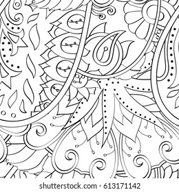 Tracery seamless pattern. Mehndi design. Ethnic monochrome binary doodle texture. Curved doodling black and white background. Vector