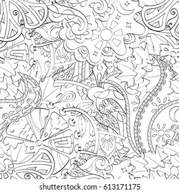 Tracery seamless pattern. Mehndi design. Ethnic monochrome binary doodle texture. Curved doodling black and white background. Vector