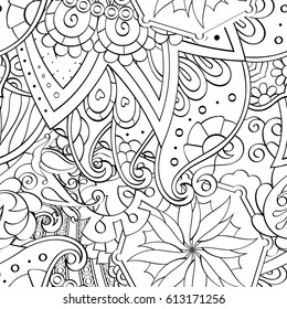 Tracery seamless pattern. Mehndi design. Ethnic monochrome binary doodle texture. Curved doodling black and white background. Vector