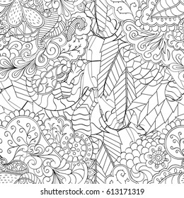 Tracery seamless pattern. Mehndi design. Ethnic monochrome binary doodle texture. Curved doodling black and white background. Vector