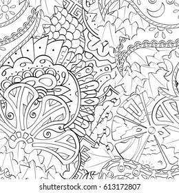 Tracery seamless pattern. Mehndi design. Ethnic monochrome binary doodle texture. Curved doodling black and white background. Vector