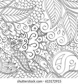 Tracery seamless pattern. Mehndi design. Ethnic monochrome binary doodle texture. Curved doodling black and white background. Vector