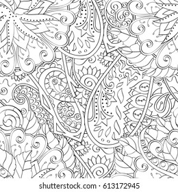 Tracery seamless pattern. Mehndi design. Ethnic monochrome binary doodle texture. Curved doodling black and white background. Vector