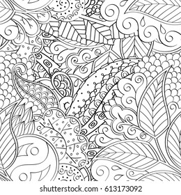 Tracery seamless pattern. Mehndi design. Ethnic monochrome binary doodle texture. Curved doodling black and white background. Vector