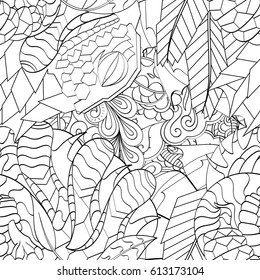 Tracery seamless pattern. Mehndi design. Ethnic monochrome binary doodle texture. Curved doodling black and white background. Vector