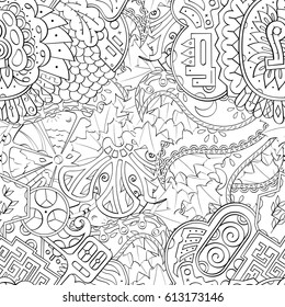 Tracery seamless pattern. Mehndi design. Ethnic monochrome binary doodle texture. Curved doodling black and white background. Vector