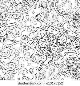 Tracery seamless pattern. Mehndi design. Ethnic monochrome binary doodle texture. Curved doodling black and white background. Vector