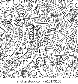 Tracery seamless pattern. Mehndi design. Ethnic monochrome binary doodle texture. Curved doodling black and white background. Vector