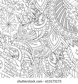 Tracery seamless pattern. Mehndi design. Ethnic monochrome binary doodle texture. Curved doodling black and white background. Vector
