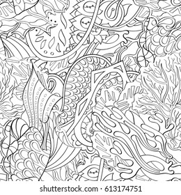 Tracery seamless pattern. Mehndi design. Ethnic monochrome binary doodle texture. Curved doodling black and white background. Vector